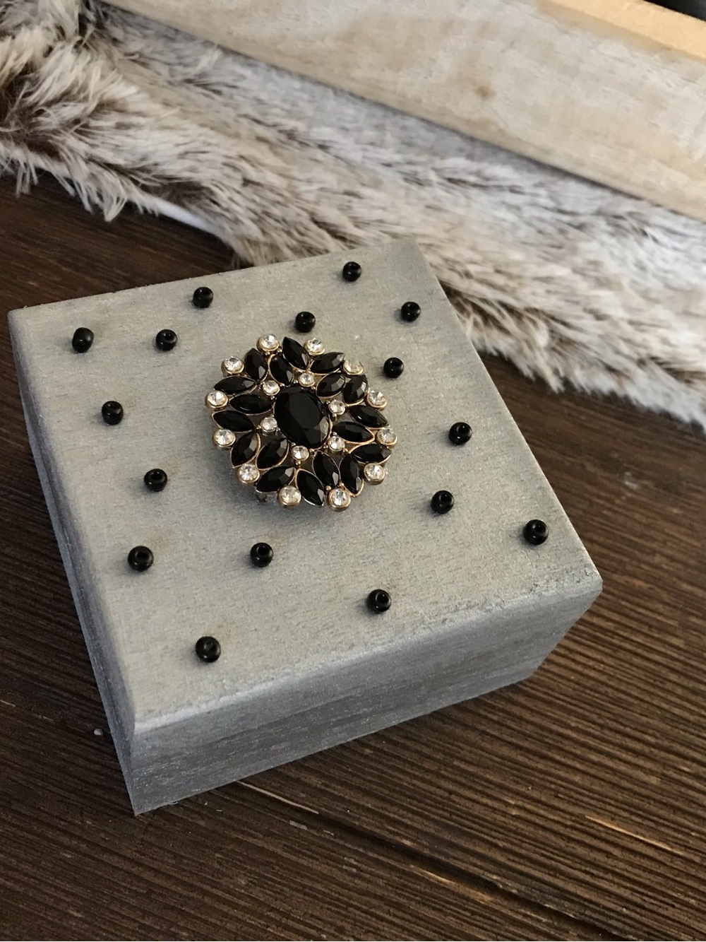 Hand crafted wooden silver trinket box with rhinestone flower lid